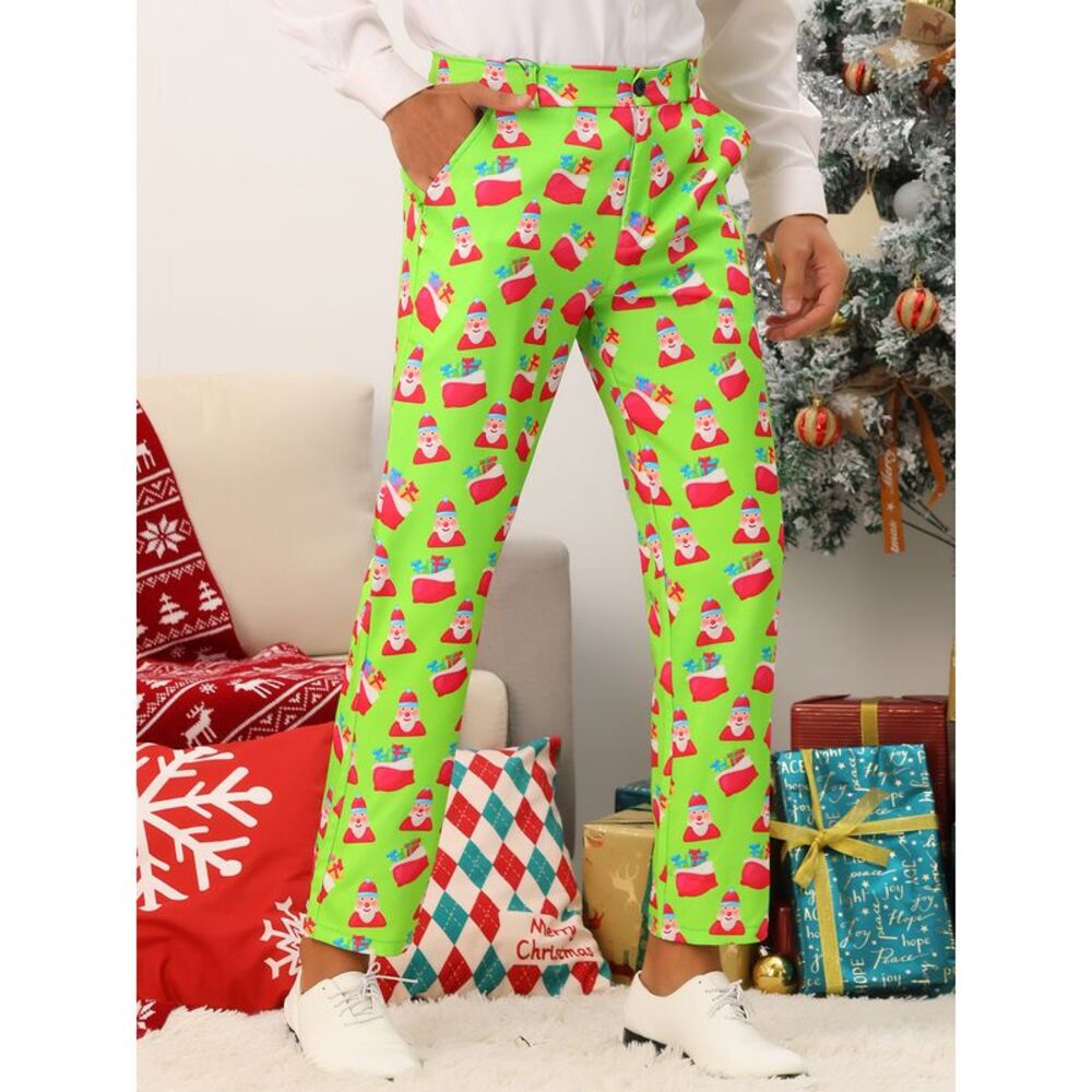 Christmas Printed Pants Flat Front Party Cosplay Costume Trousers Light Green - Picture 2 of 6